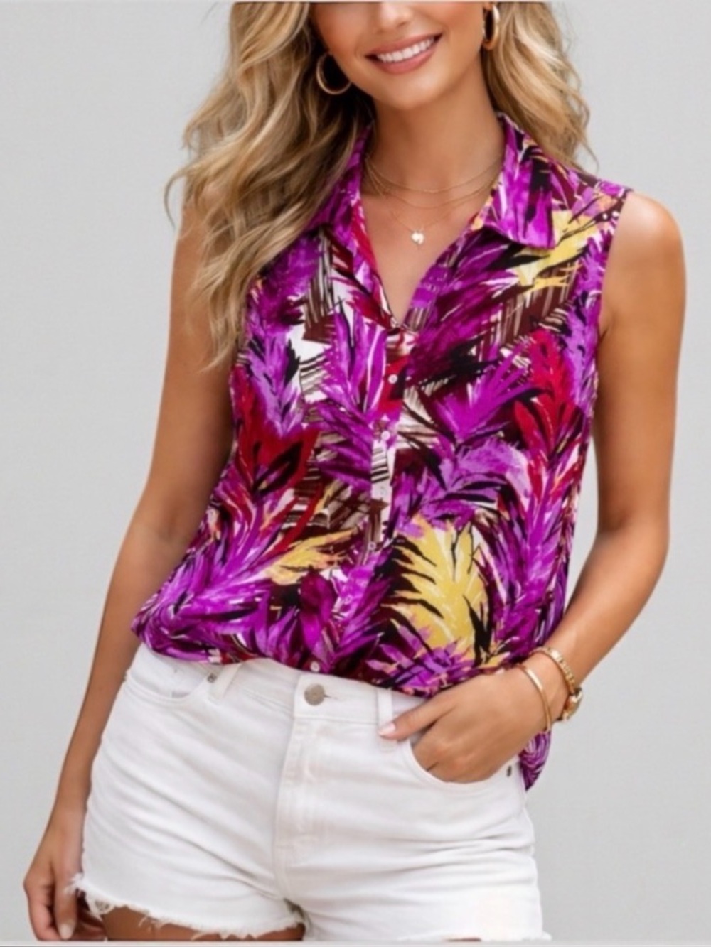 Vintage Tropical Palm Print Pleated Sleeveless Blouse Purple Yellow Resort Top L